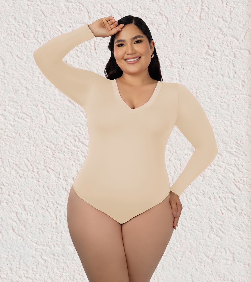 V-Neck Control Bodysuit ⭐ Beige Plus