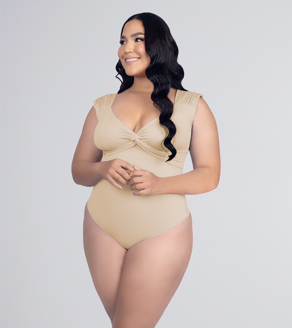 Body Control Escote Cruzado Tiras Zurcidas Beige ⭐ Pluss
