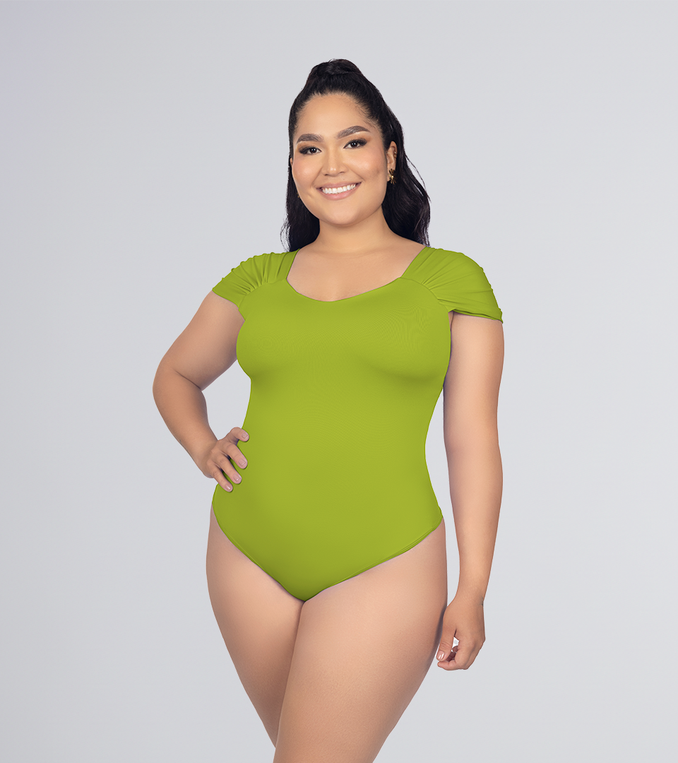 Body Control con Mangas Caídas Zurcidas y Escote Corazón Verde Oliva ⭐ Pluss