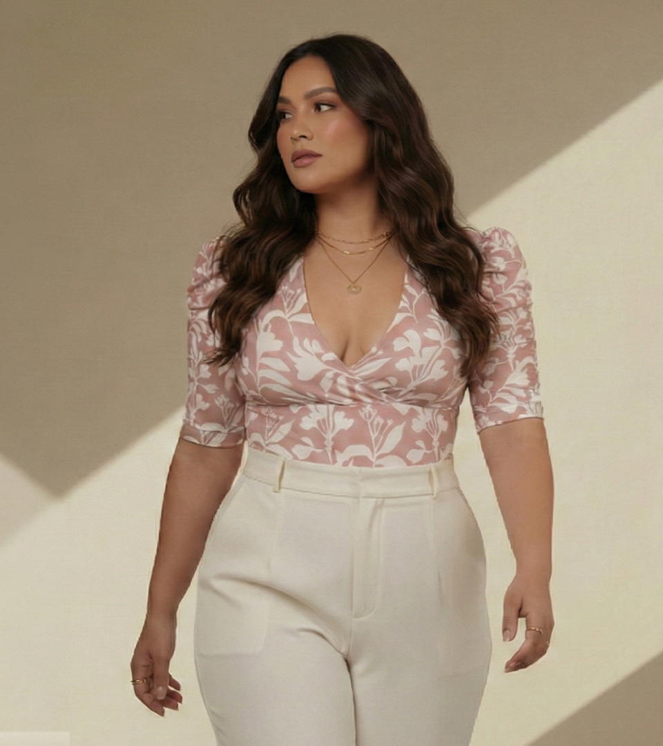 Body Control Estampado Fondo Beige Hojas Blancas ⭐ Pluss