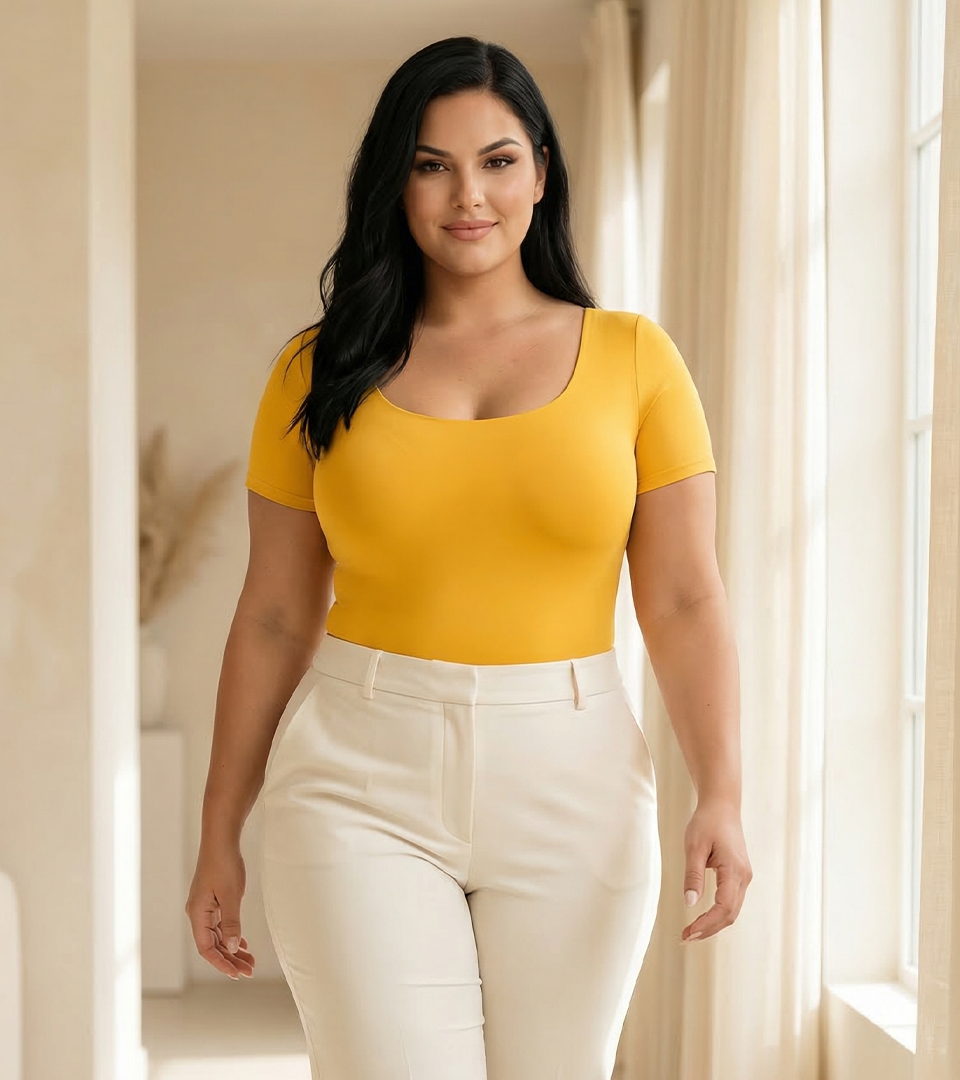 Body Control Basico Cuello Redondo Manga Corta Mostaza⭐ Pluss