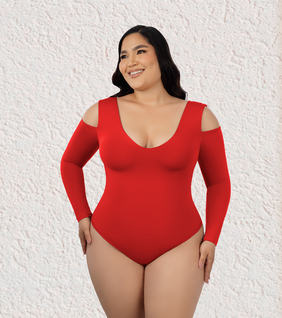 Body Control Cuello en V y Hombros Descubiertos Rojo ⭐ Pluss