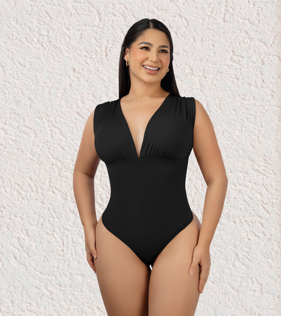 Body Control Drapeado Escote Profundo Negro