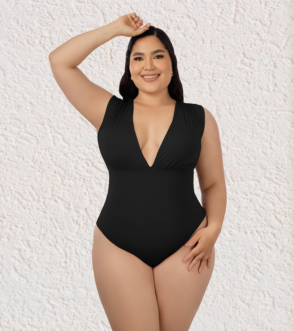 Body Control Drapeado Escote Profundo Negro ⭐ Pluss