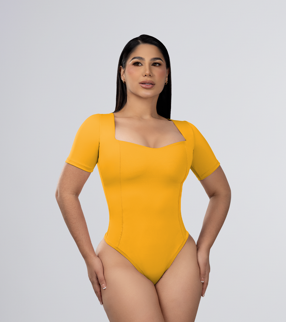Body Control Basico Manga Costuras Estilizadas Mostaza