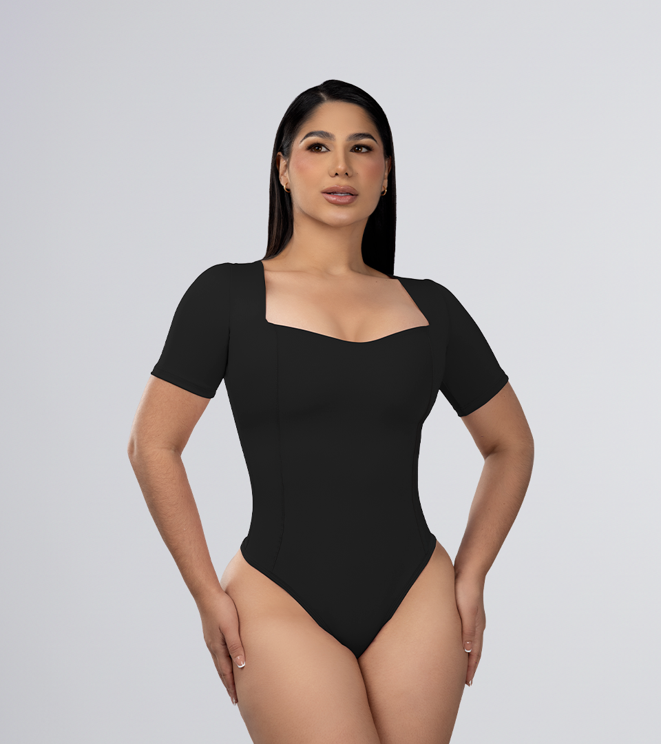 Body Control Basico Manga Costuras Estilizadas Negro