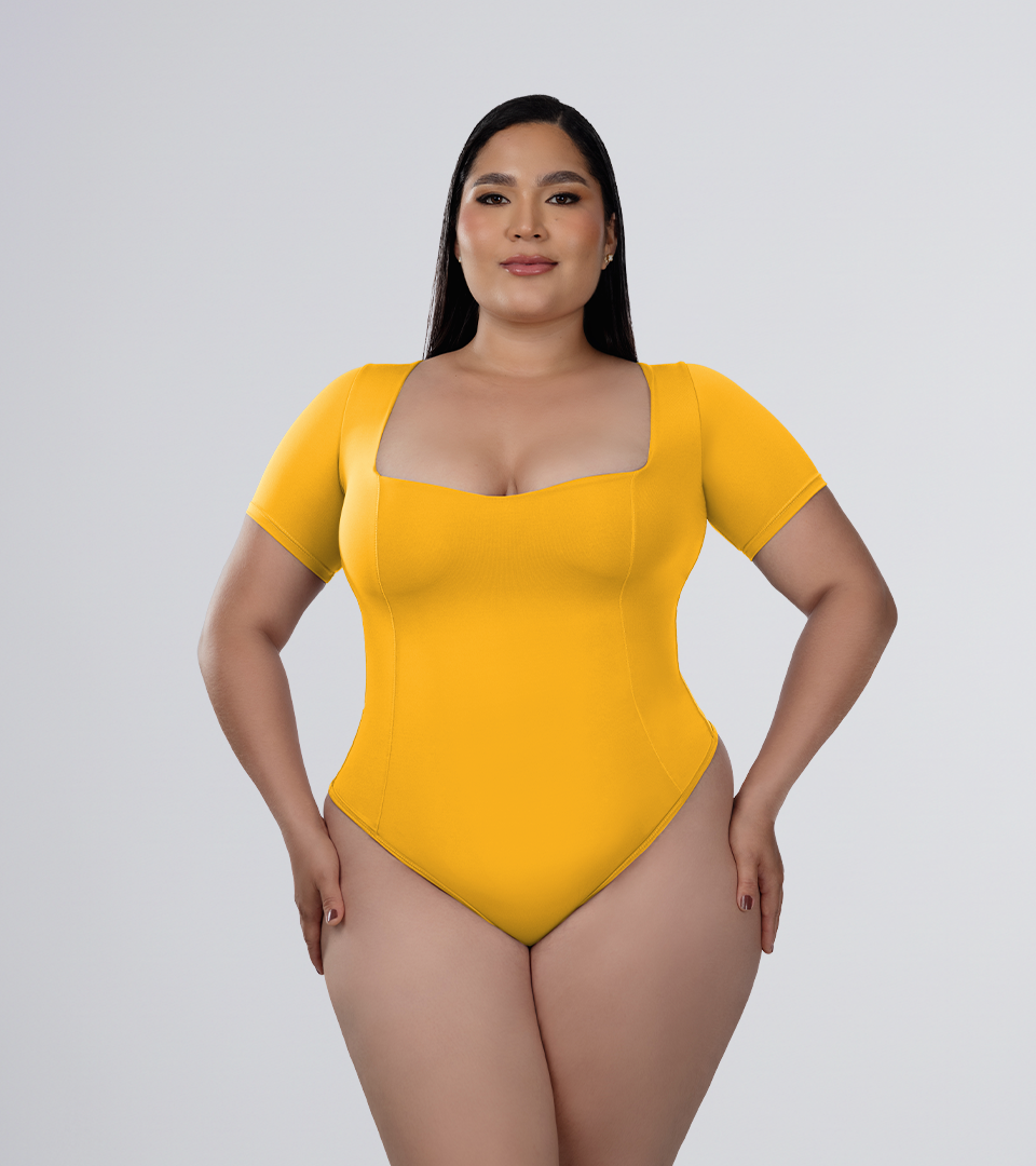 Body Control Basico Manga Costuras Estilizadas Mostaza ⭐ Pluss