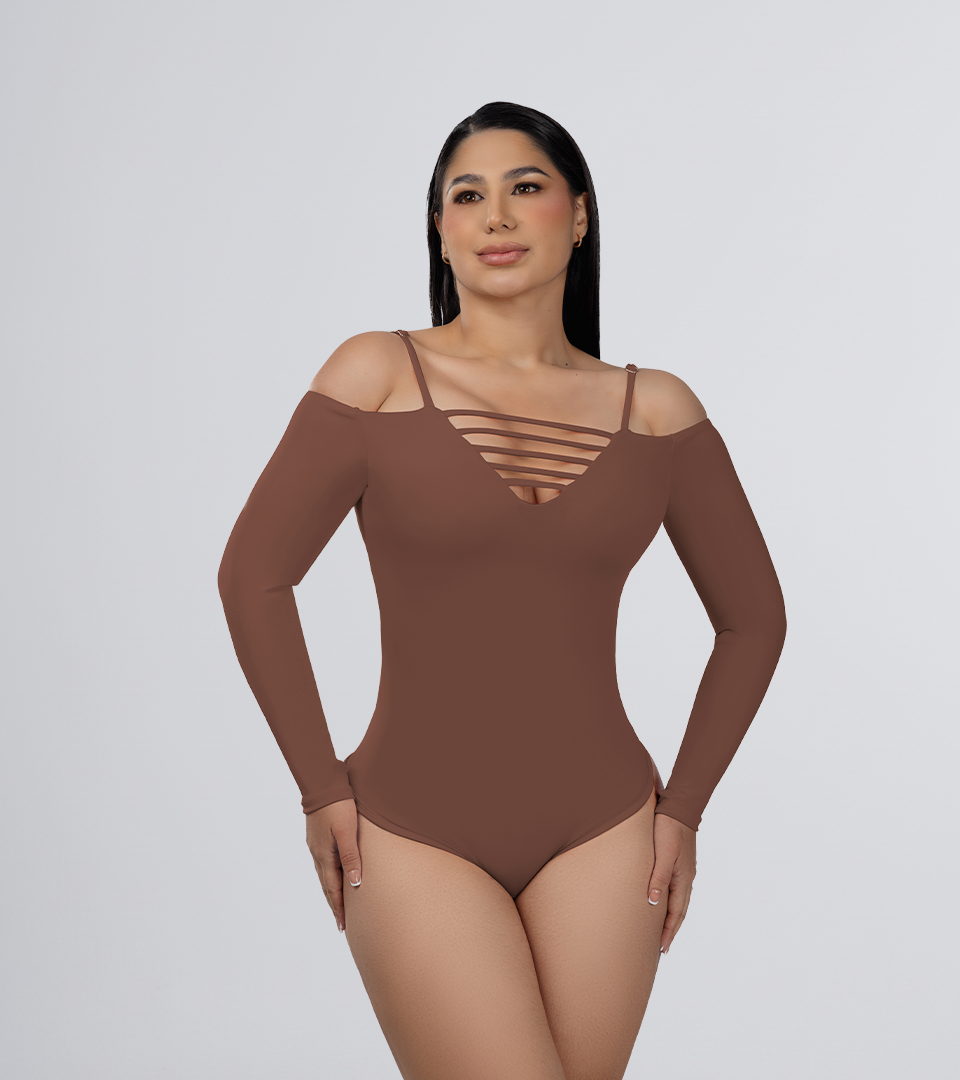 Body Control Manga Larga Escote en V con Detalle de Tiras Marron
