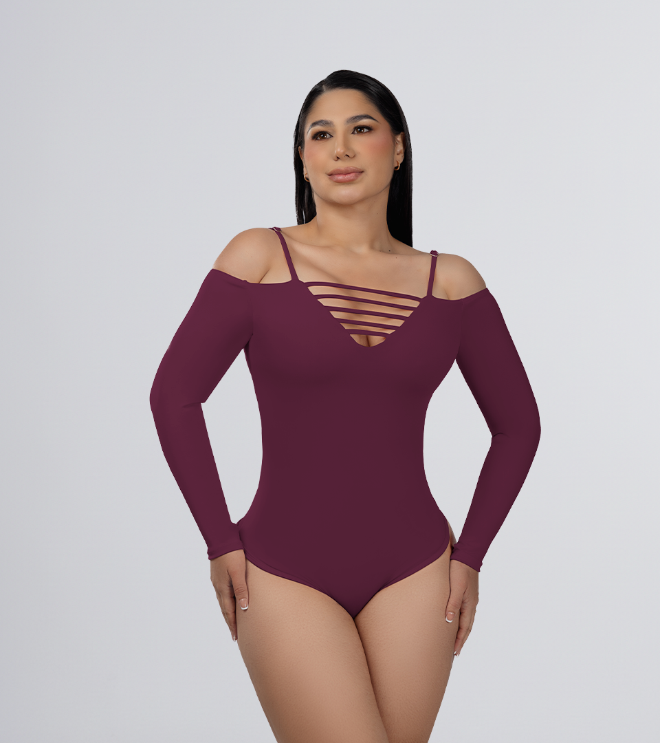 Body Control Manga Larga Escote en V con Detalle de Tiras Uva
