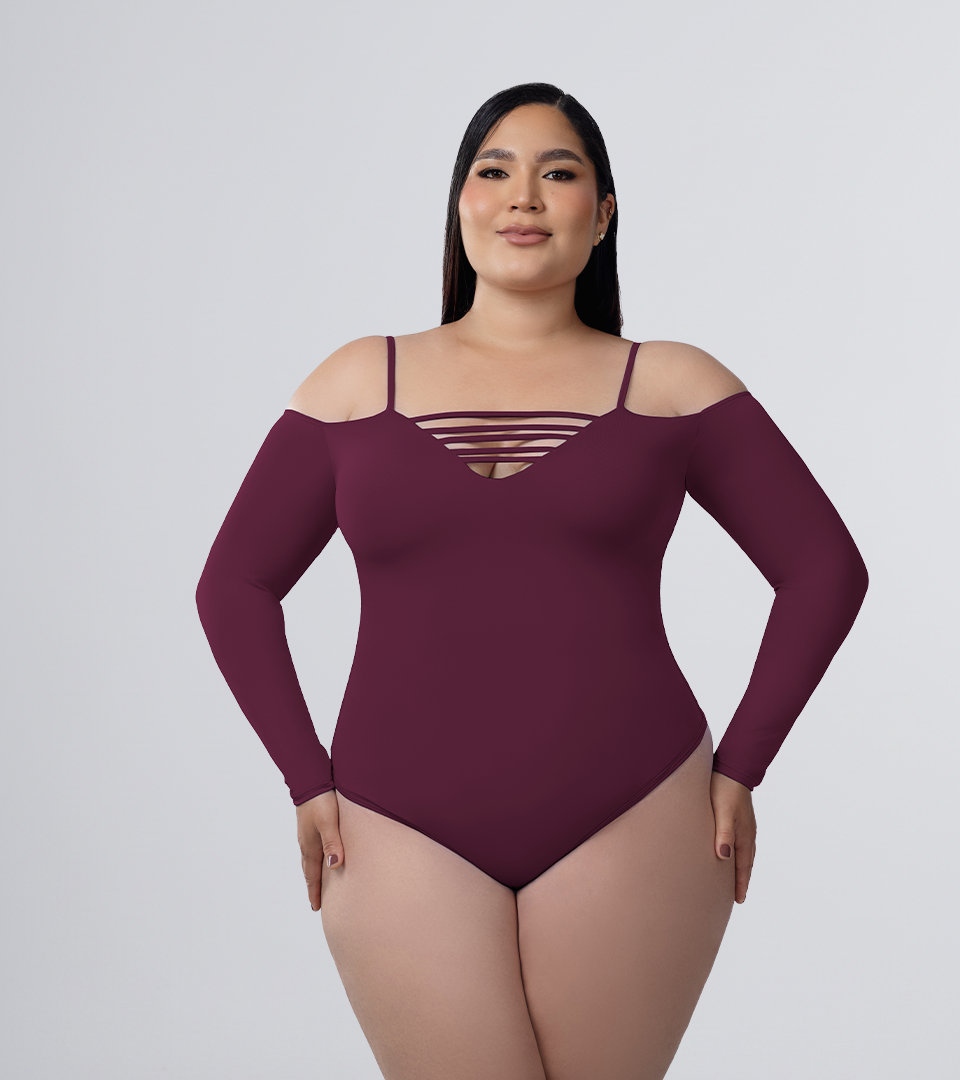Body Control Manga Larga Escote en V con Detalle de Tiras Uva ⭐ Pluss
