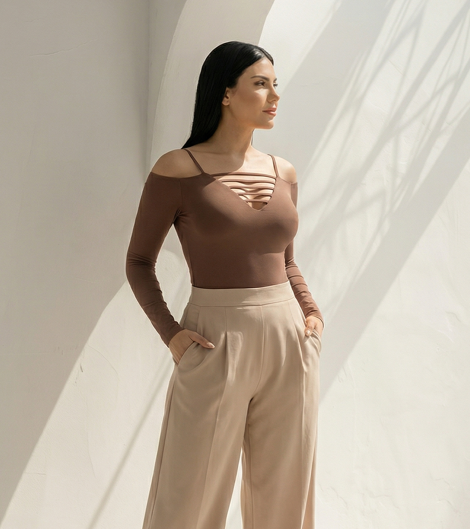 Body Control Manga Larga Escote en V con Detalle de Tiras Marron