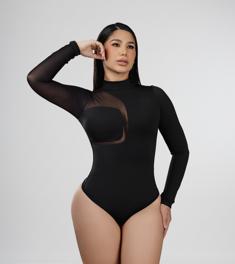 Body Control Manga Larga Con Transparencia Asimetrica Negro