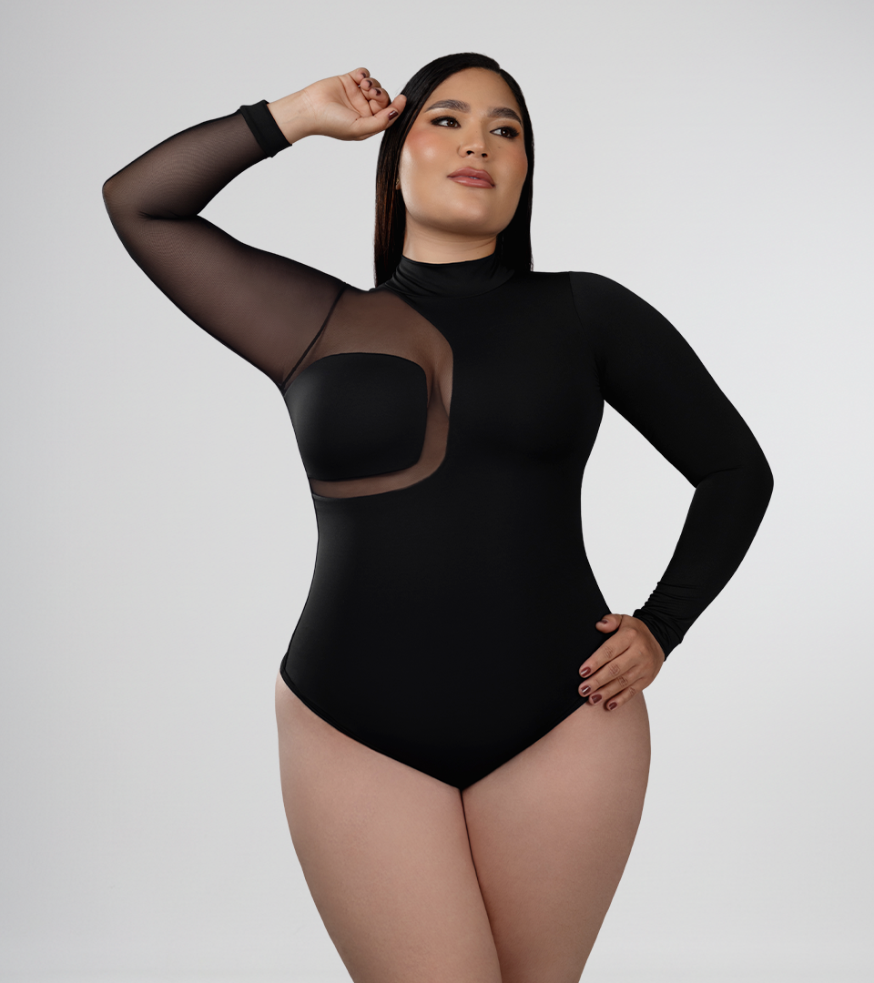 Body Control Manga Larga Con Transparencia Asimetrica Negro ⭐ Pluss