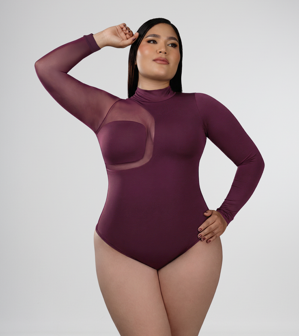 Body Control Manga Larga Con Transparencia Asimetrica Uva ⭐ Pluss