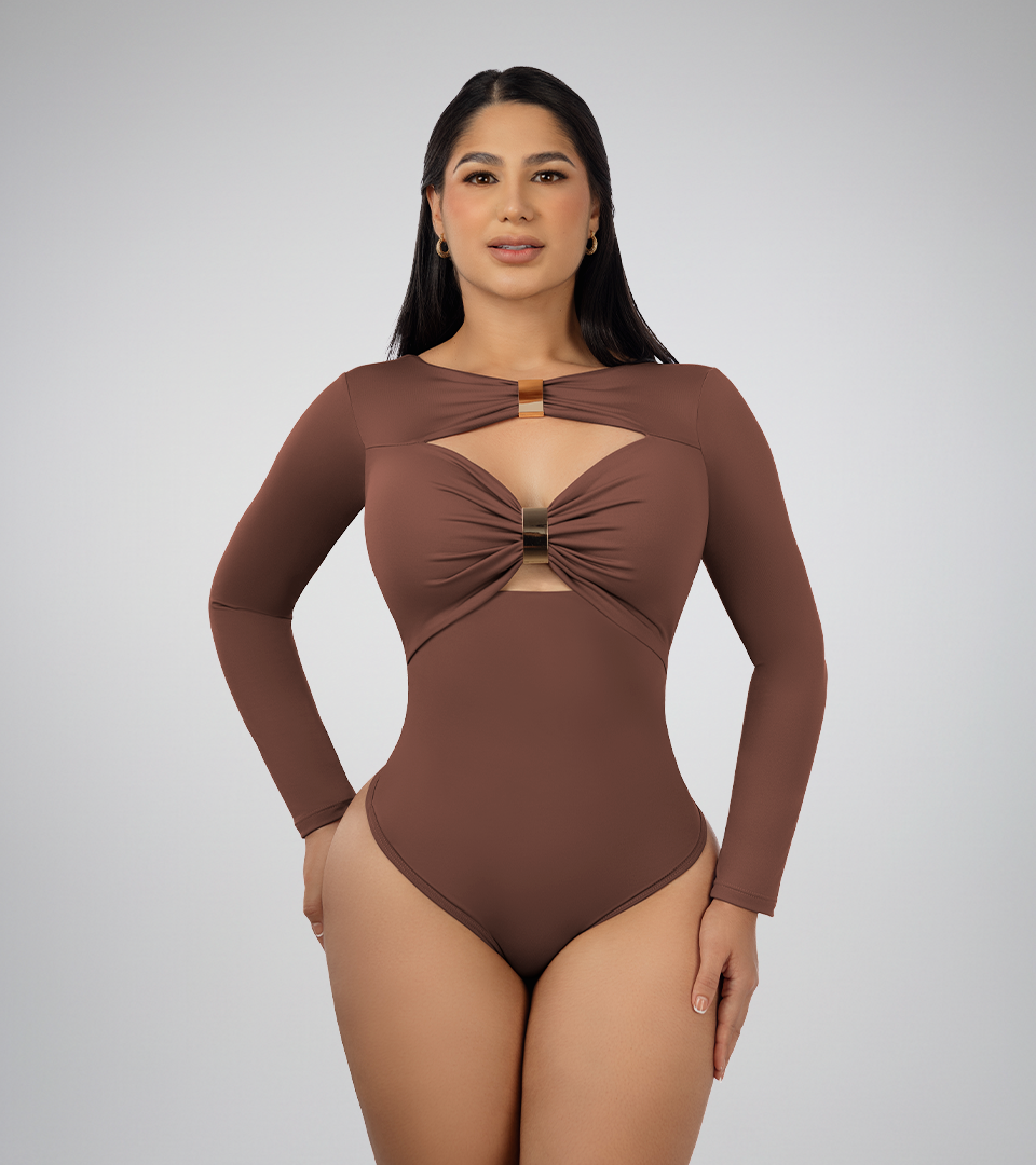 Body Control Escote Doble Hebilla Manga Larga Marron