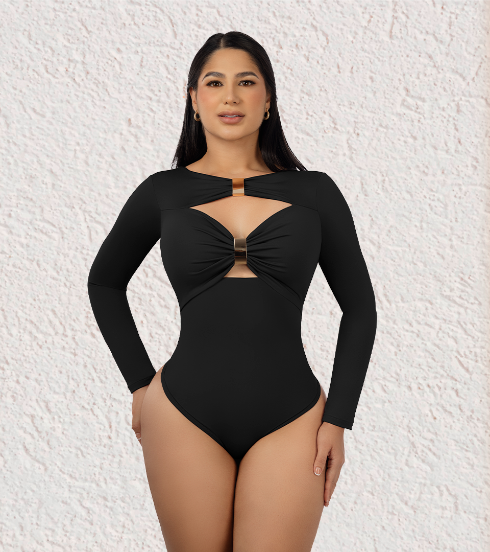 Body Control Escote Doble Hebilla Manga Larga Negro