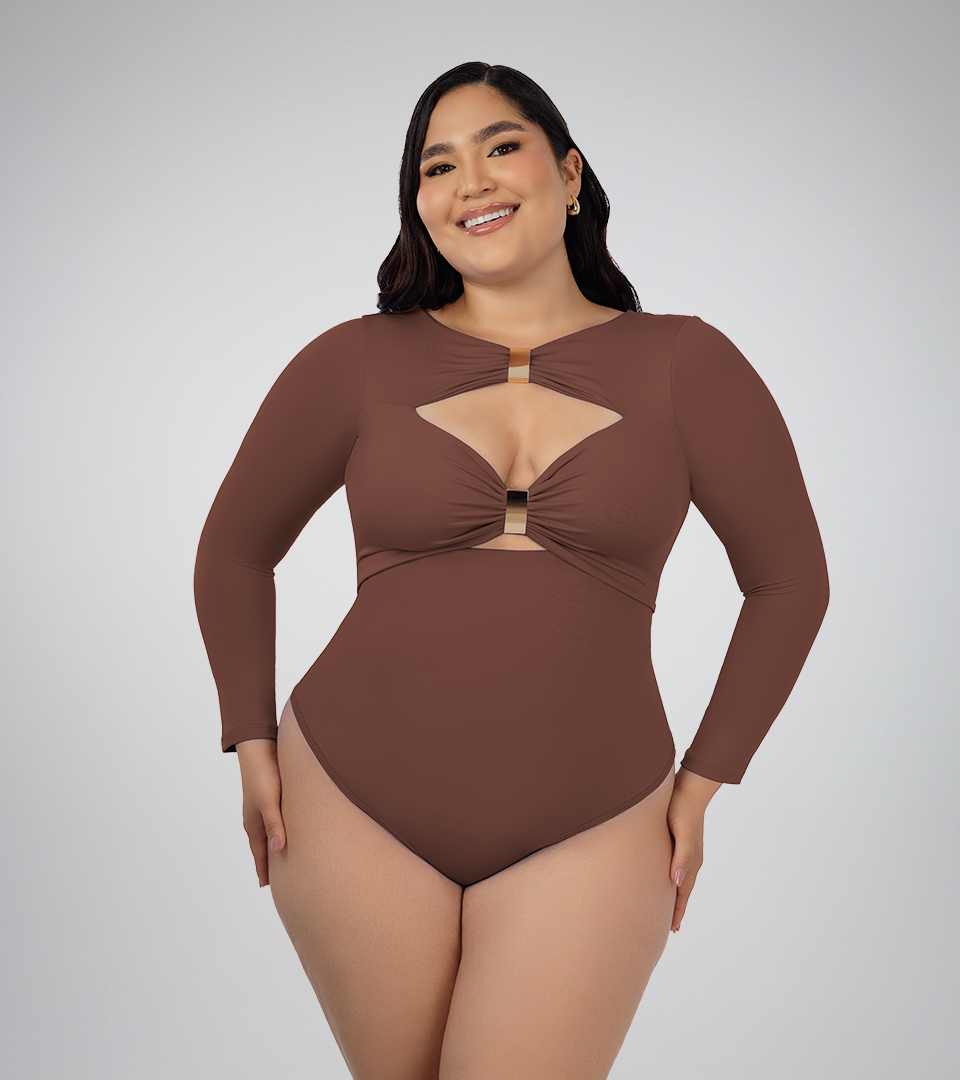 Body Control Escote Doble Hebilla Manga Larga Marron ⭐ Pluss