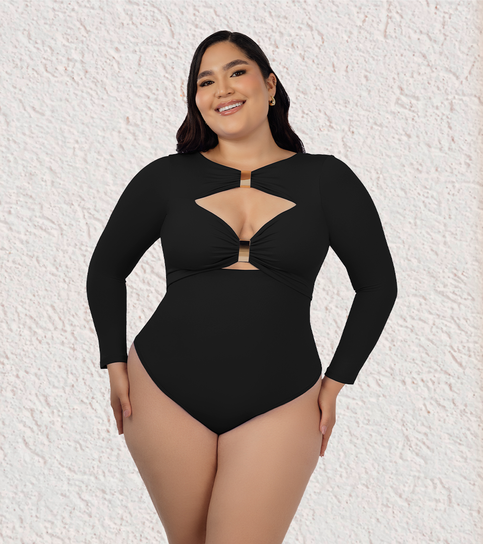 Body Control Escote Doble Hebilla Manga Larga Negro ⭐ Pluss