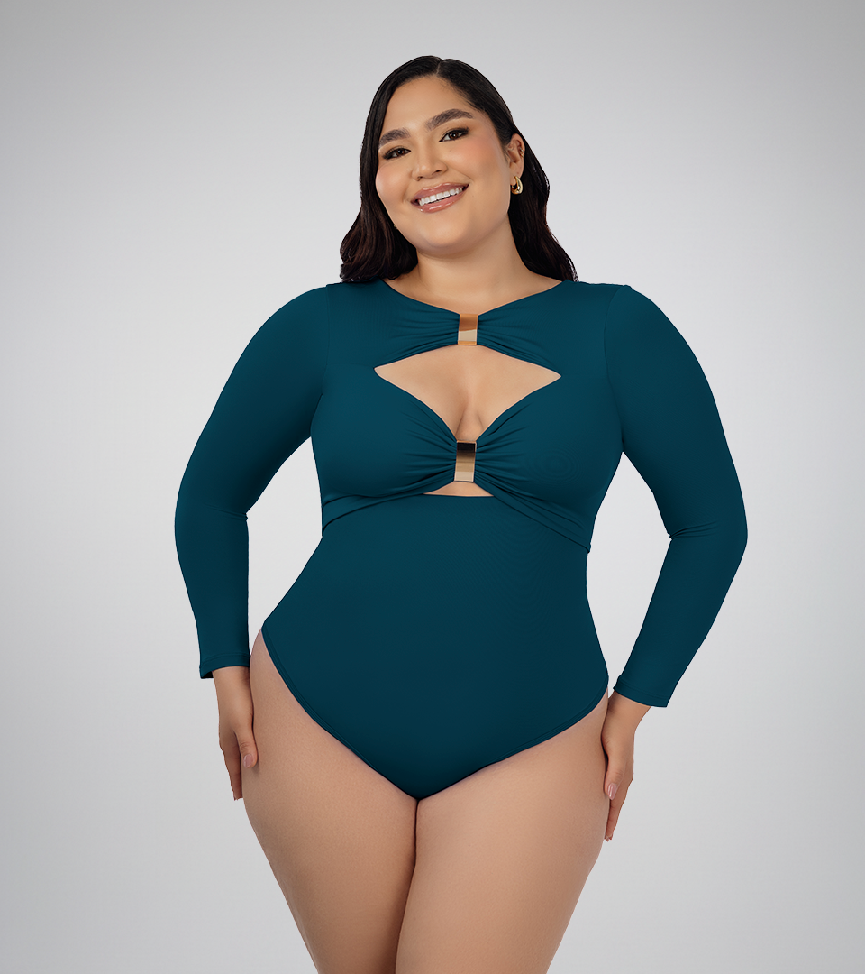 Body Control Escote Doble Hebilla Manga Larga Verde Botella ⭐ Pluss