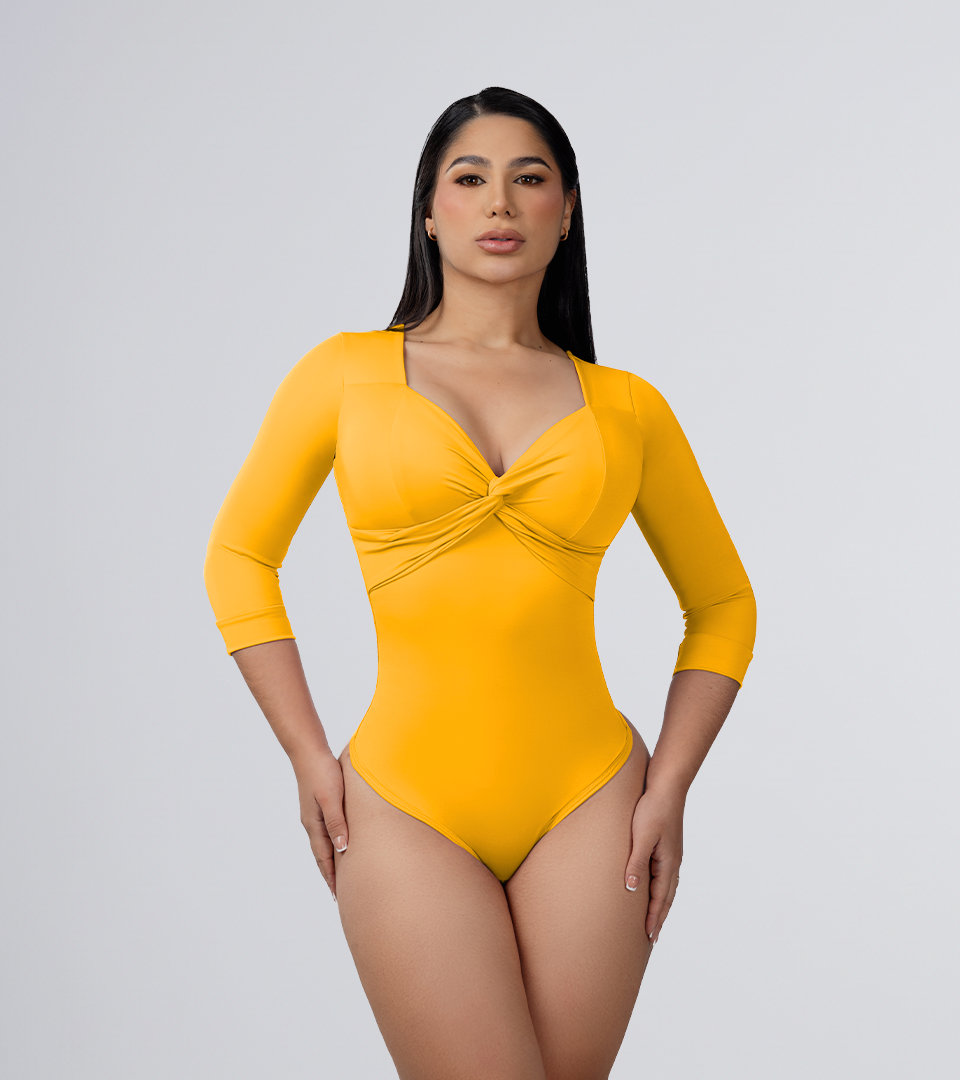 Body Control Cruzado En Escote y Manga 3/4 Mostaza