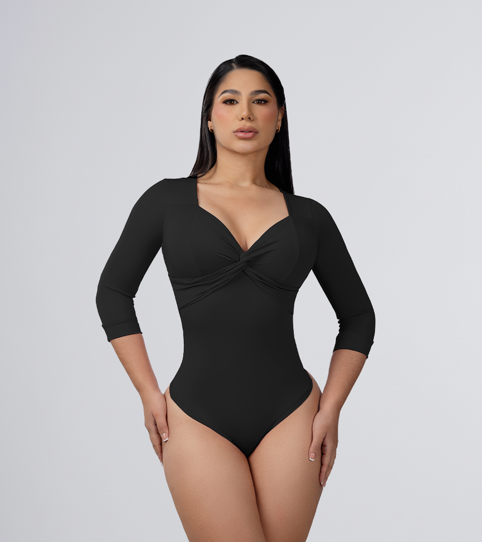 Body Control Cruzado En Escote y Manga 3/4 Negro