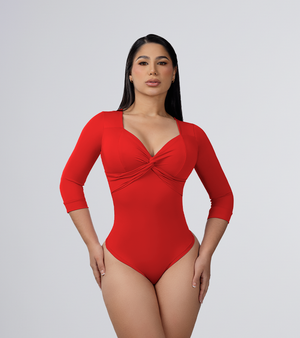 Body Control Cruzado En Escote y Manga 3/4 Rojo