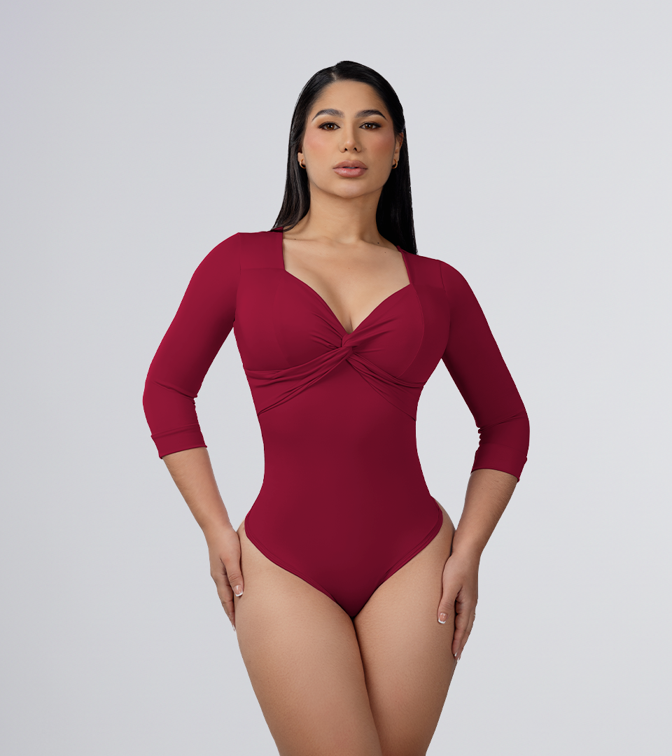 Body Control Cruzado En Escote y Manga 3/4 Vino Tinto