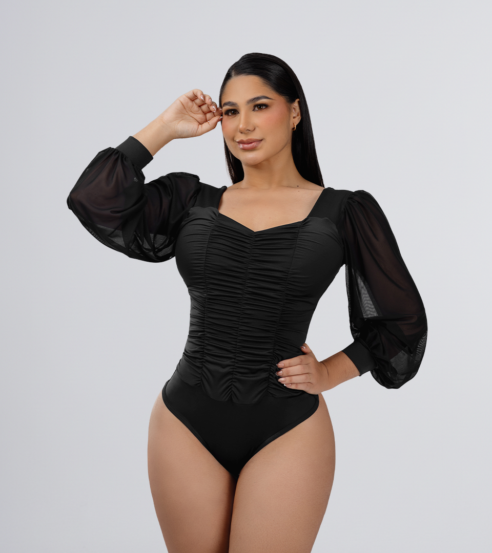 Body Control Manga Larga Escote Corazon y Zurcido Delantero Negro