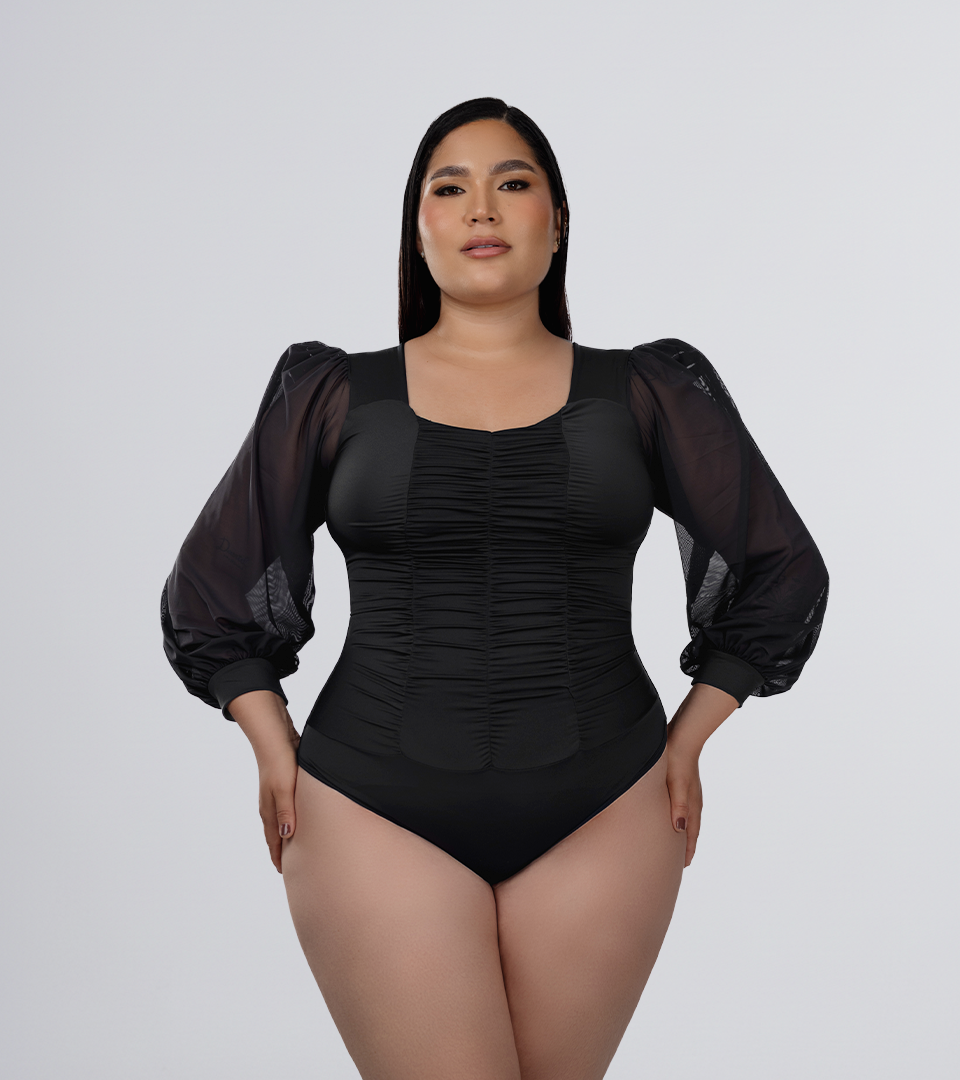 Body Control Manga Larga Escote Corazon y Zurcido Delantero Negro ⭐ Pluss