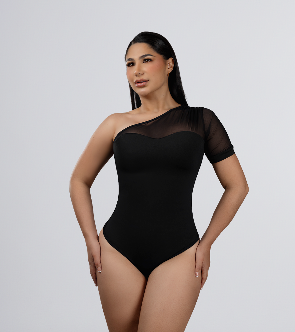Body Control Superior En Maya Asimetrica Con Surcido En Hombro Negro