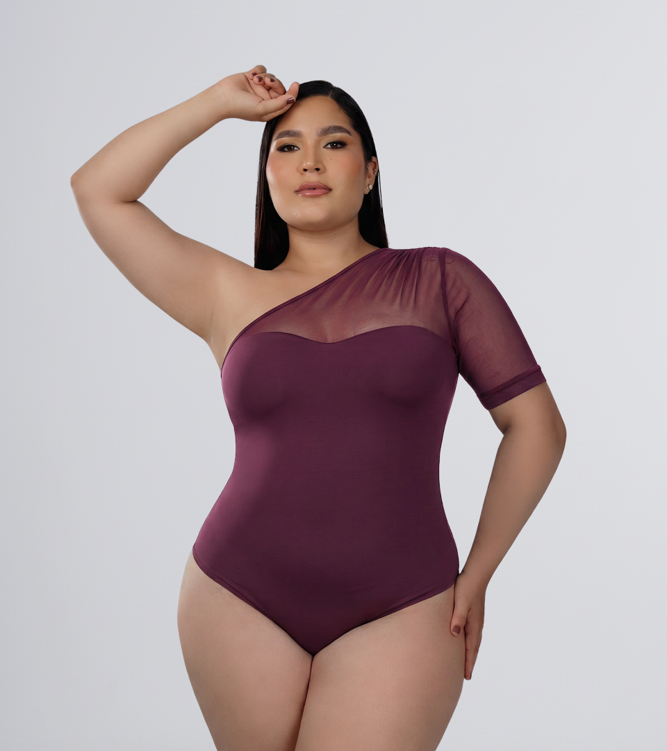Body Control Superior En Maya Asimetrica Con Surcido En Hombro Uva ⭐ Pluss