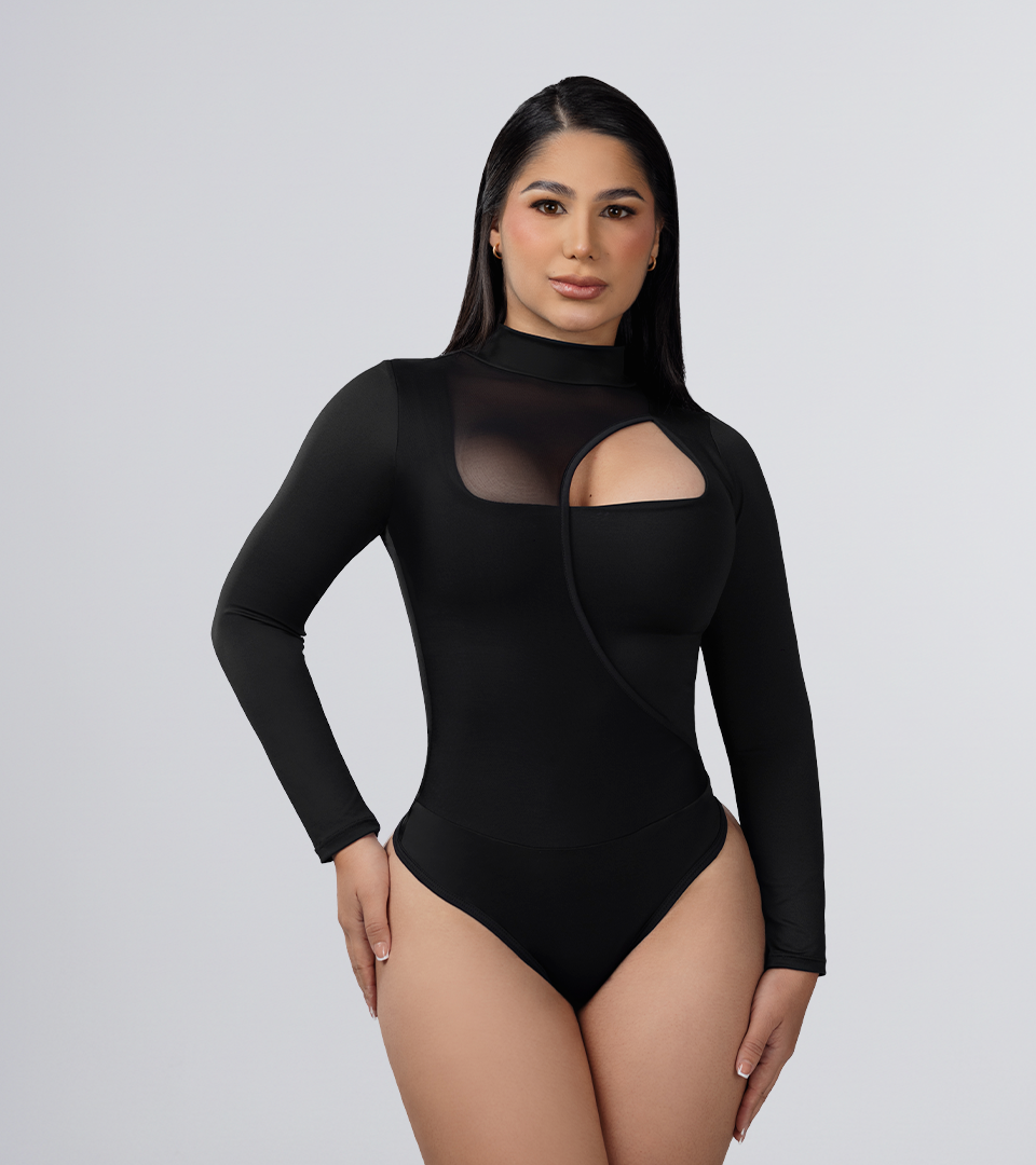 Body Control Manga Larga Con Pieza Asimetrica Delantera Negro