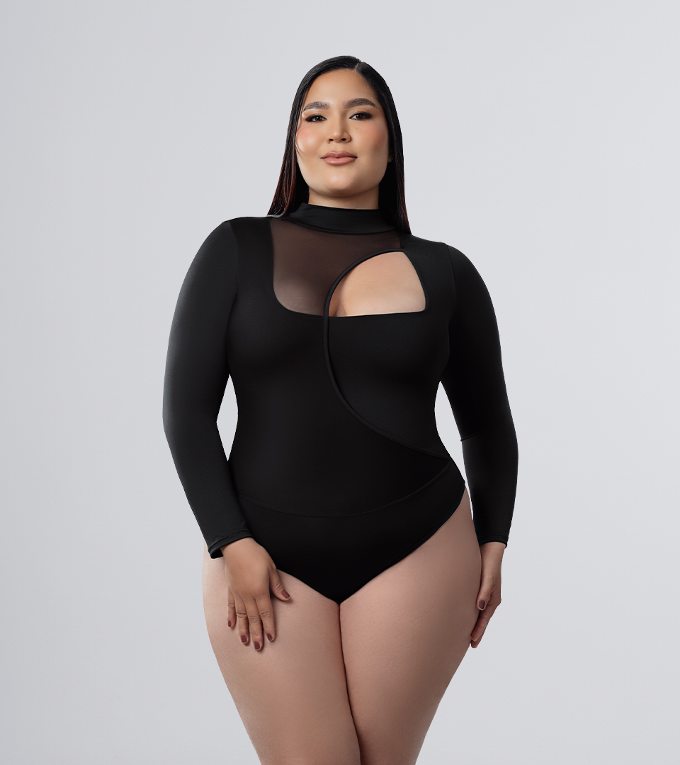 Body Control Manga Larga Con Pieza Asimetrica Delantera Negro ⭐ Pluss