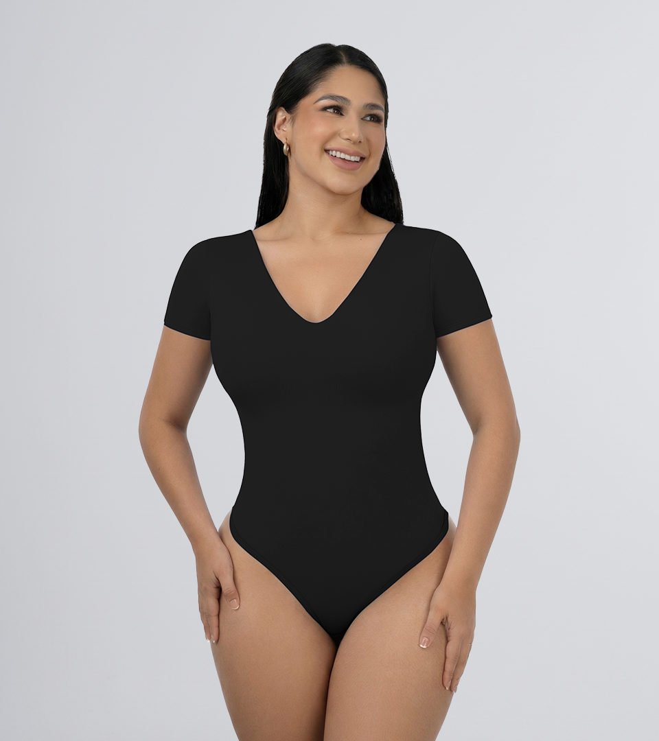 Body Control Basico Mng Corta y Cuello en V Negro