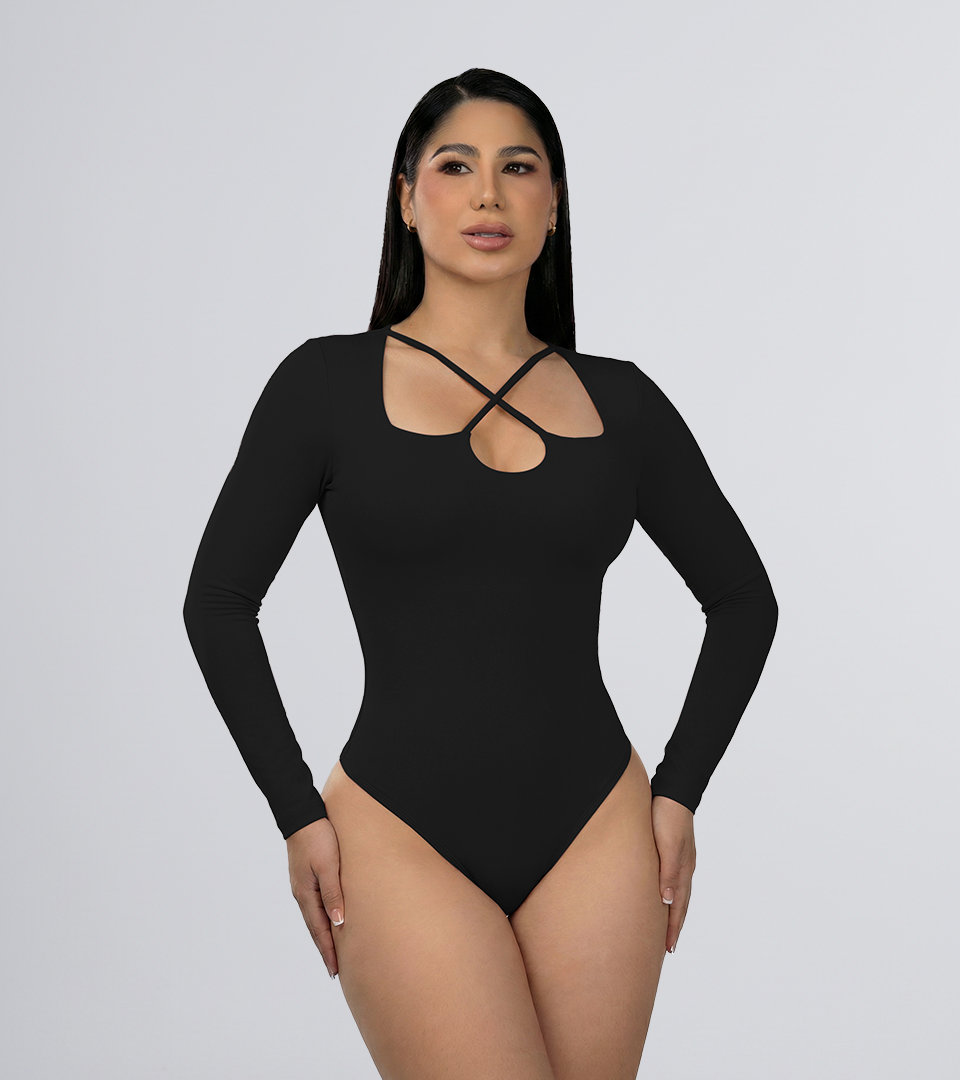 Body Control Manga Larga Y Escote Cruzado Negro