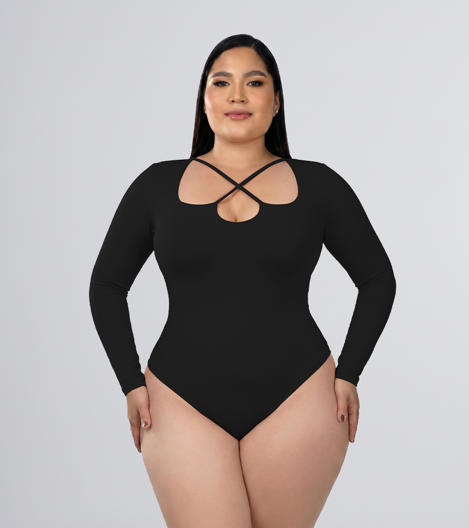 Body Control Manga Larga Y Escote Cruzado Negro ⭐ Pluss