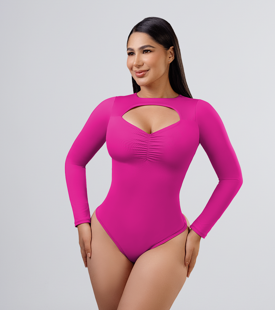 Body Control Manga Larga Con Escote Y fruncido En Busto Magenta