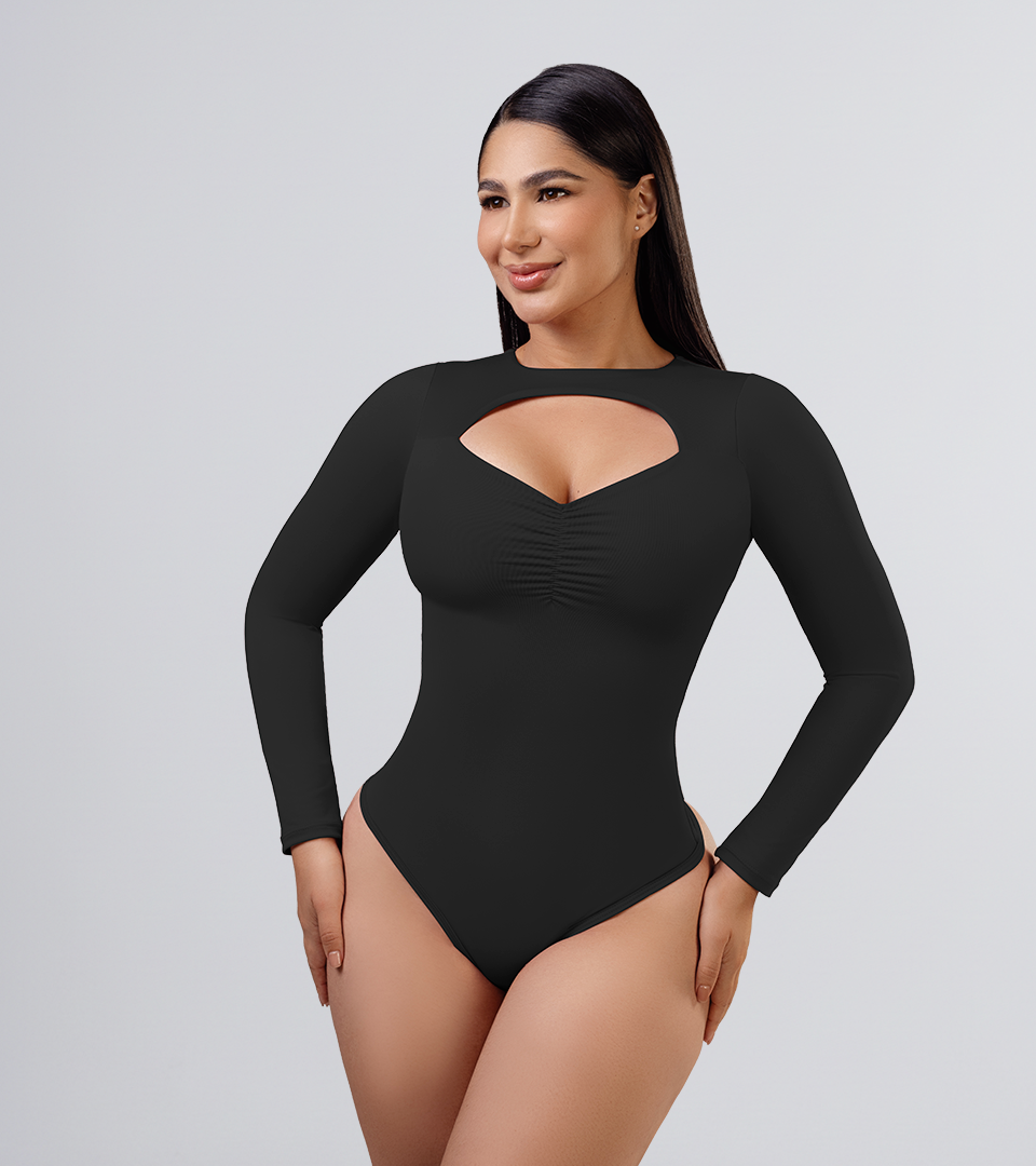 Body Control Manga Larga Con Escote Y fruncido En Busto Negro