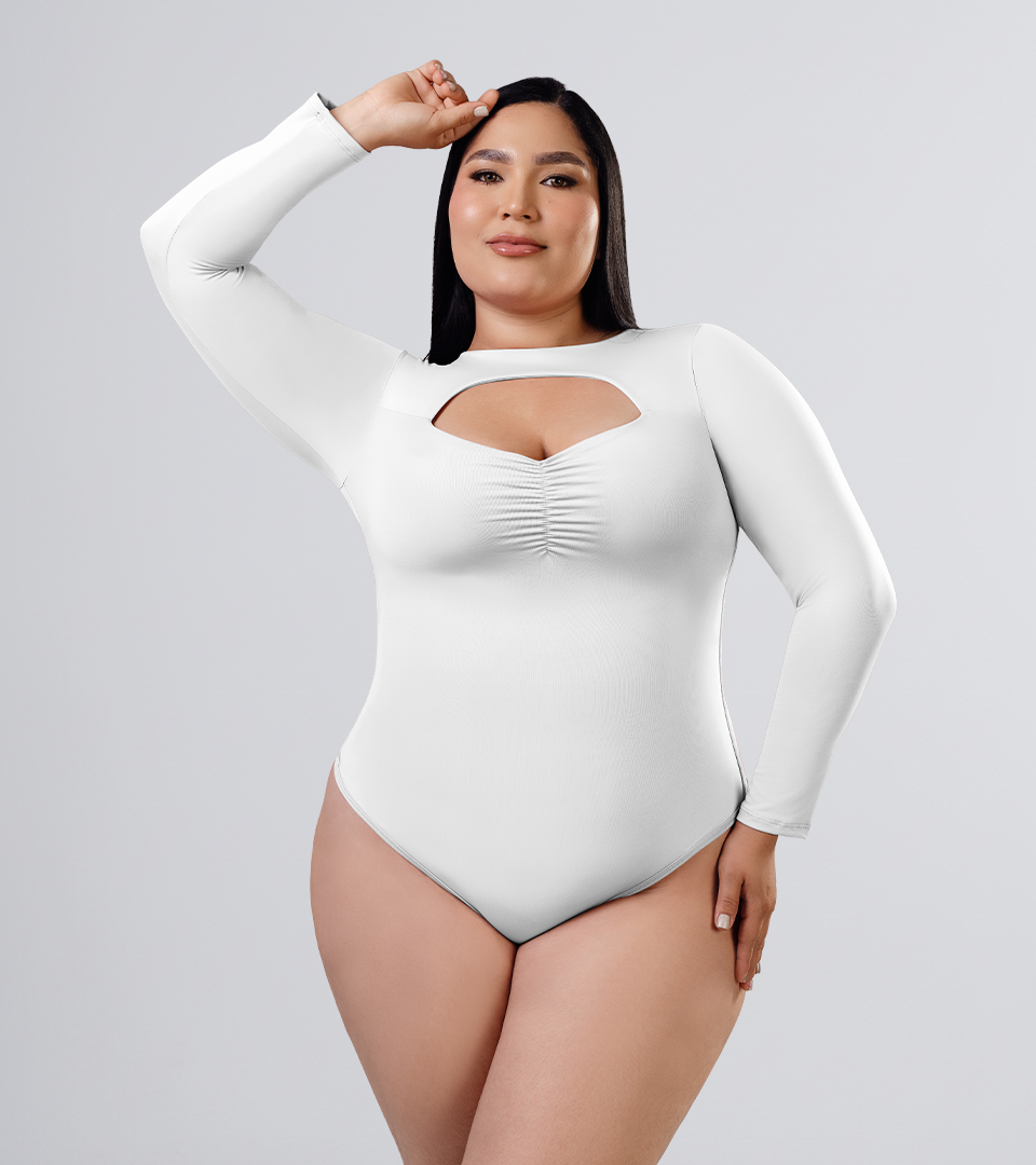 Body Control Manga Larga Con Escote Y fruncido En Busto Blanco ⭐ Pluss