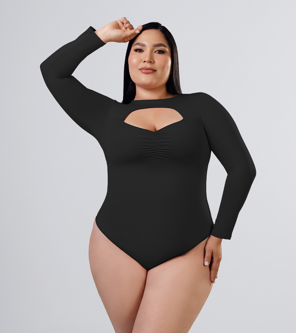 Body Control Manga Larga Con Escote Y fruncido En Busto Negro ⭐ Pluss