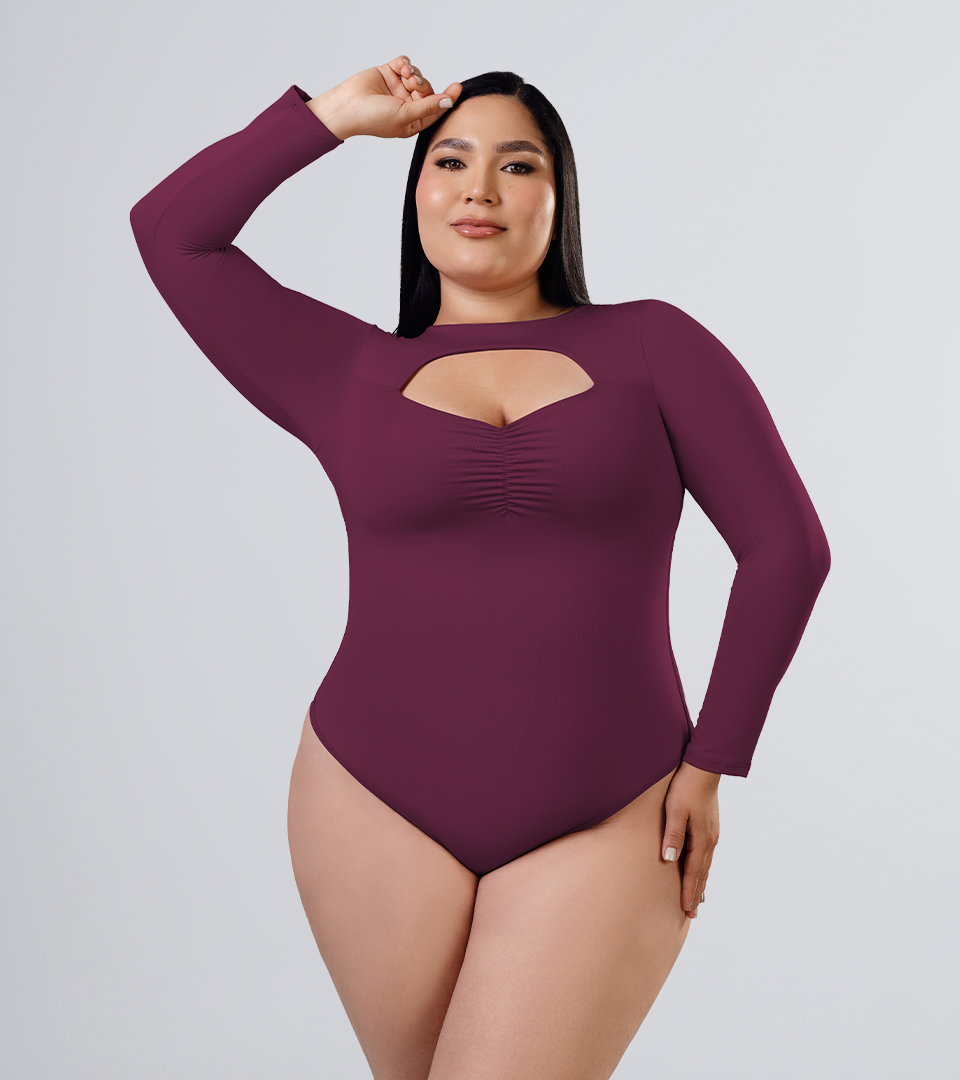 Body Control Manga Larga Con Escote Y fruncido En Busto Uva ⭐ Pluss