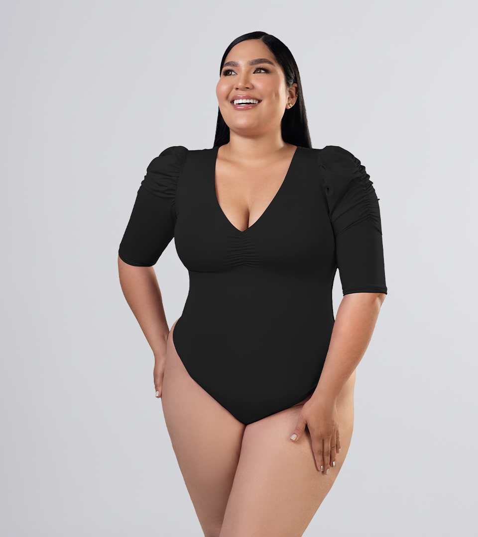 Body Control Manga Farol Y Escote En V Negro ⭐ Pluss