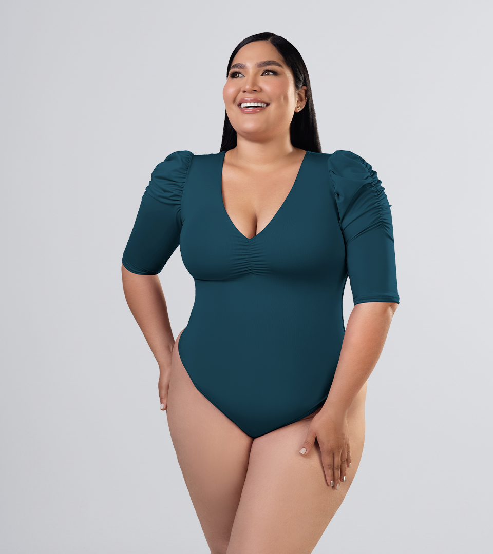 Body Control Manga Farol Y Escote En V Verde Botella ⭐ Pluss