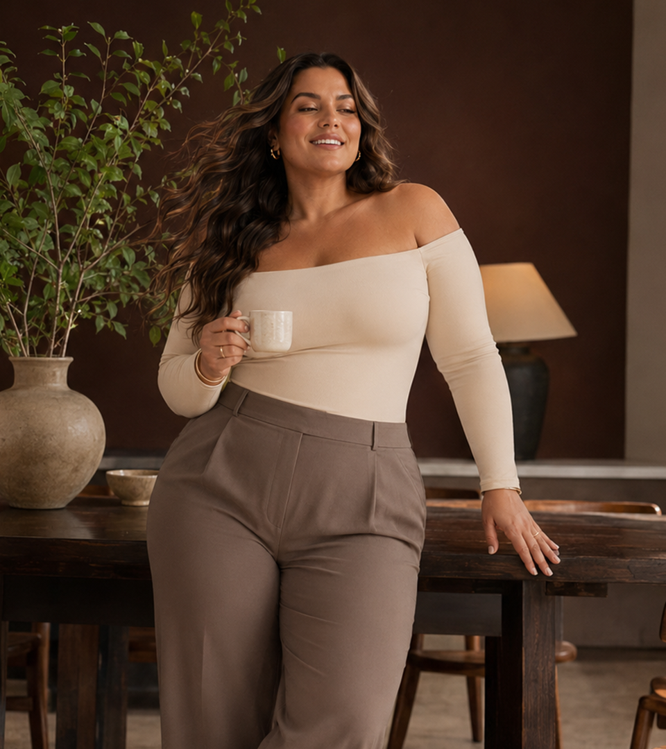 Body Control Basico Manga Larga Con Hombros Descubiertos Beige ⭐ Pluss